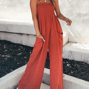 Spaghetti Strap Ruffle Trimmed Smocked Bandeau Palazzo Pant Jumpsuit